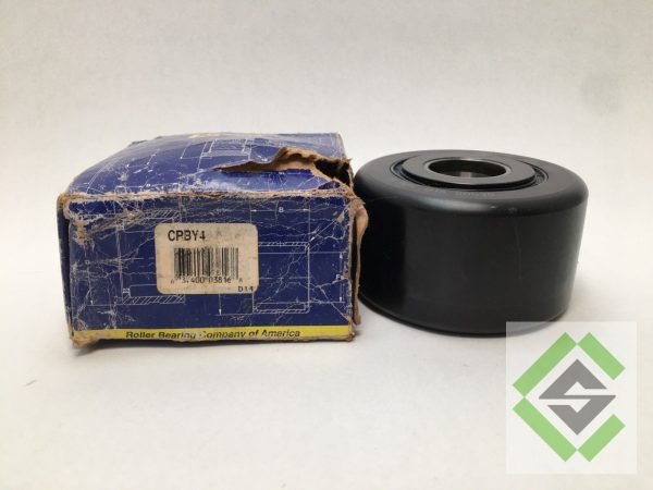 RBC CRBY4 cam follower yoke-type bearing with black crowned roller next to its worn Roller Bearing Company of America box