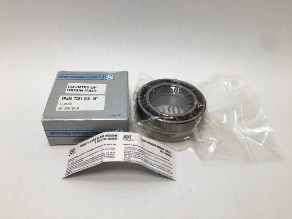 SNFA VEX50 7CE1 DUL angular contact ball bearing duplex pair, unwrapped beside its labeled box