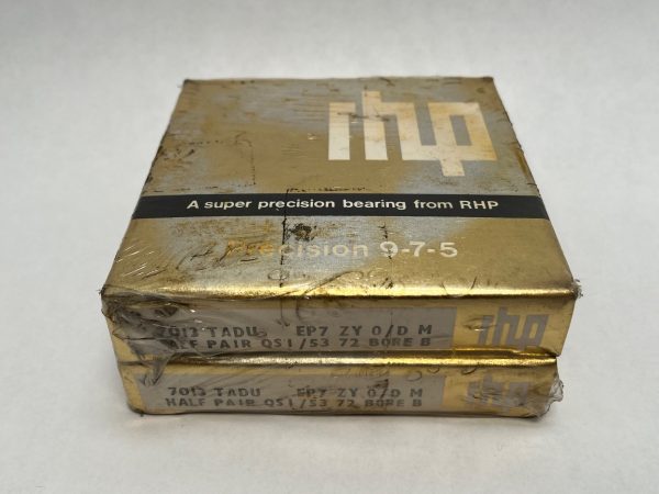 Gold RHP boxes labeled 7013 TADU, packaging for an RHP angular contact ball bearing