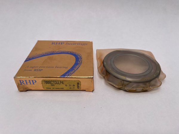 RHP 7008CTDULP4 angular contact ball bearing in plastic wrap next to its original RHP box