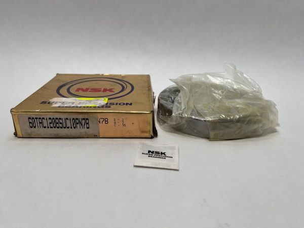 NSK 60TAC120BSUC10PN7B bearing in plastic wrap next to its NSK Super Precision Bearings box