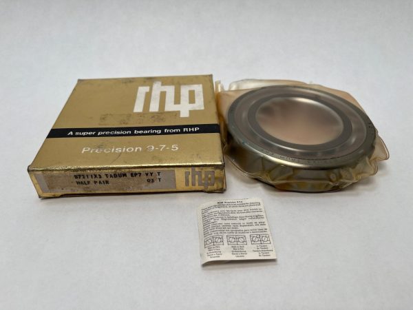 RHP 7211ETSUMP4 angular contact ball bearing, wrapped, beside its labeled RHP Precision 9-7-5 box