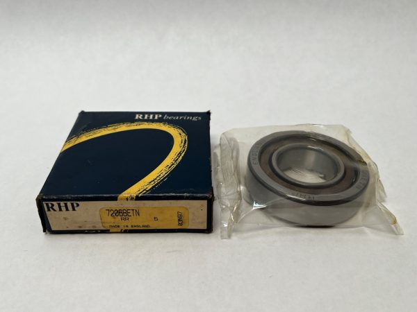 RHP 7206BETN angular contact ball bearing in plastic wrap beside its RHP branded box