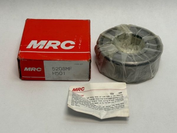 MRC 122KR angular contact ball bearing wrapped in plastic beside its red MRC box and instruction slip