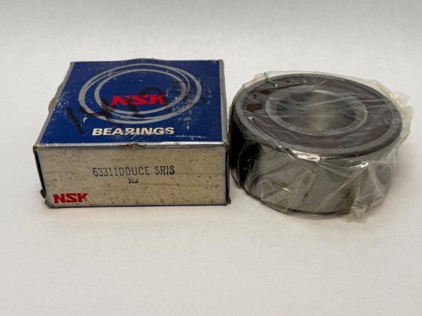 NSK 63311DDUCE rubber sealed ball bearing, shrink-wrapped, beside its original NSK box