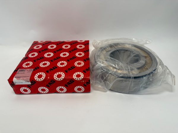 FAG NJ2322-E-XL-M1A-C3 cylindrical roller bearing in plastic wrap beside its red FAG packaging box