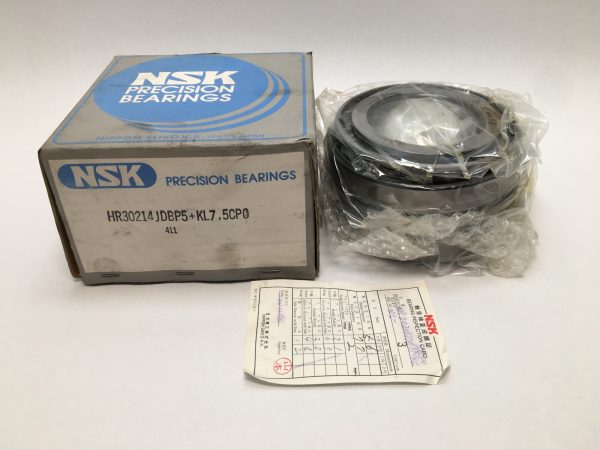 NSK HR30214JDBP5 tapered roller bearing matched pair, wrapped in plastic, beside its original box and inspection card