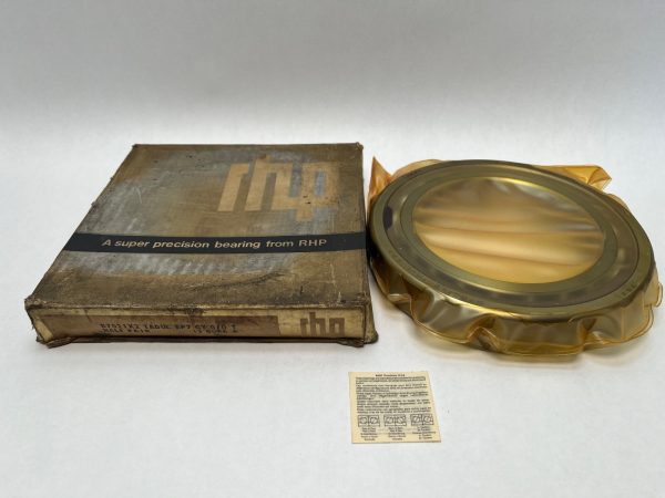 RHP super precision angular contact ball bearing in plastic wrap beside its original worn cardboard box
