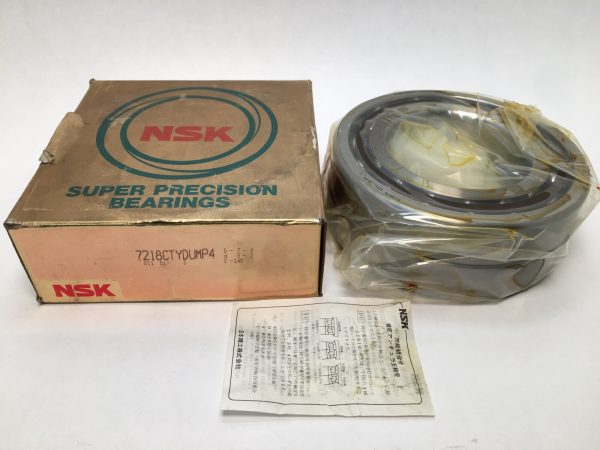 NSK 7218CTYDUMP4 angular contact bearing duplex pair, shrink-wrapped, beside original NSK Super Precision Bearings box