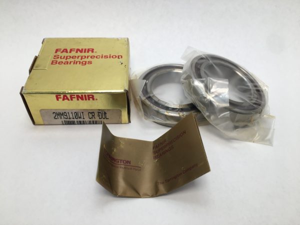 Fafnir 2MM9110WIDUL angular contact bearing duplex pair, two bearings beside box and wrapper