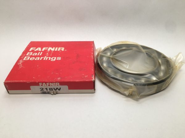 Fafnir 218W single-row deep groove ball bearing shown in plastic wrap next to its labeled Fafnir box