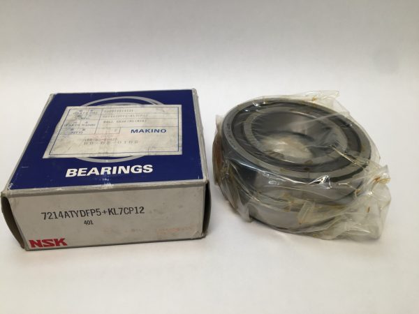 NSK 7214ATYDFP5+KL7CP12 angular contact ball bearing pair, plastic-wrapped, beside its NSK bearings box