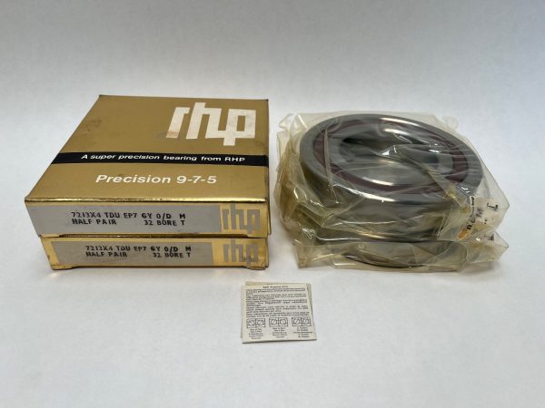 RHP 7213X4 angular contact ball bearings, matched pair in plastic wrap beside two gold RHP boxes