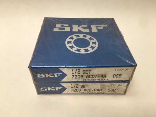 Two stacked SKF boxes labeled 7209 ACD/P4A DGB 1/2 set, made in Italy