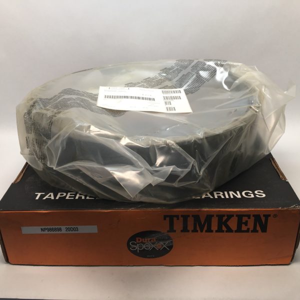 Timken NP986898-20D03 tapered roller bearing cup, plastic-wrapped, on its Timken box