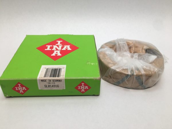 INA SL014916 bearing in plastic wrap beside its green labeled box