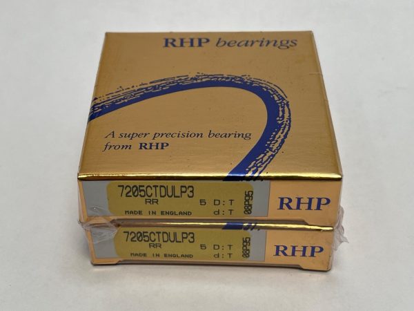 Two RHP 7205CTDULP3 angular contact ball bearing boxes, gold packaging labeled Made in England