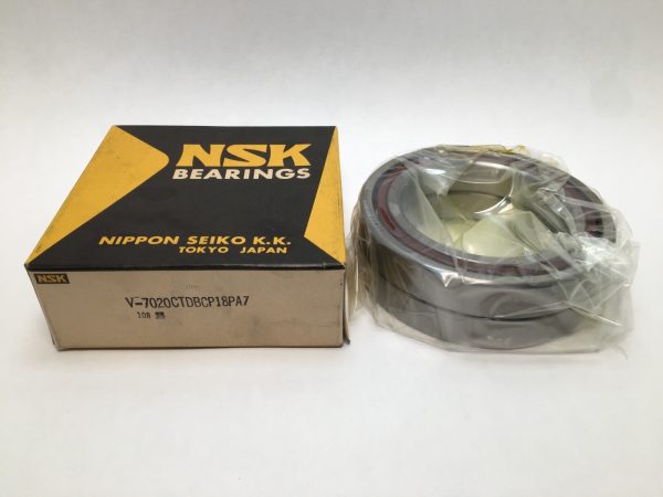 NSK V-7020CTDBCP18PA7 angular contact ball bearing pair, shrink-wrapped, next to its NSK Bearings box