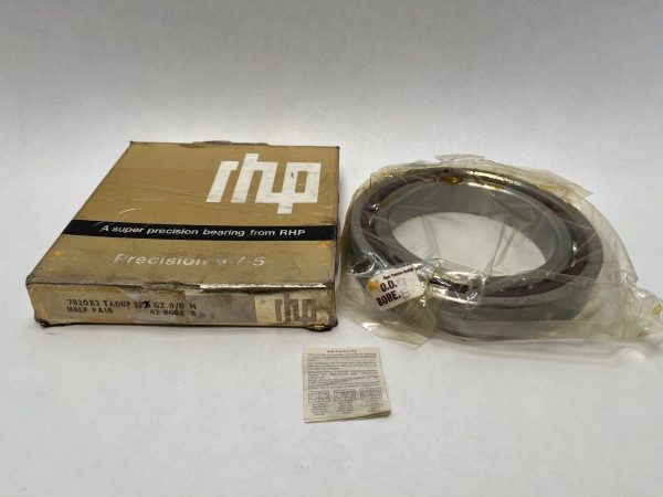 RHP 7020ETDULP4 angular contact ball bearing in plastic wrap next to its original RHP branded box