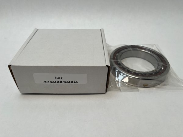 SKF 7014ACDP4ADGA super precision angular contact ball bearing in plastic wrap beside its labeled box