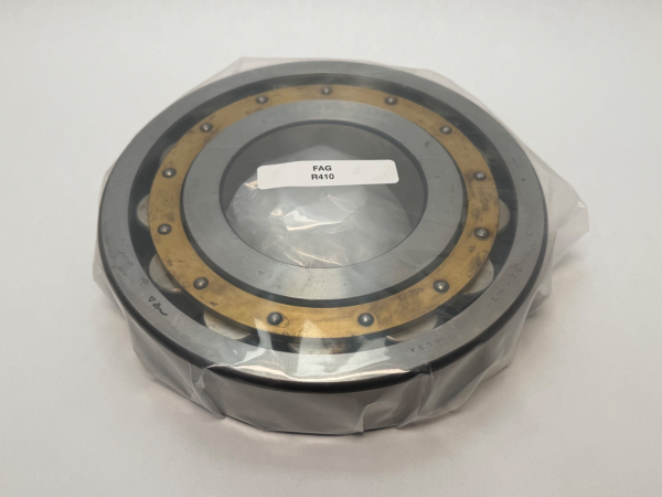 FAG R410 single row cylindrical roller bearing with machined brass cage, wrapped in plastic, labeled FAG R410