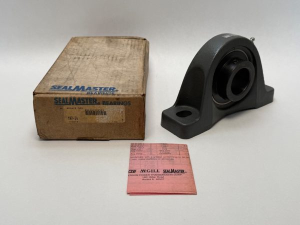 SealMaster MRP-24 cast iron two-bolt pillow block ball bearing unit beside its original box