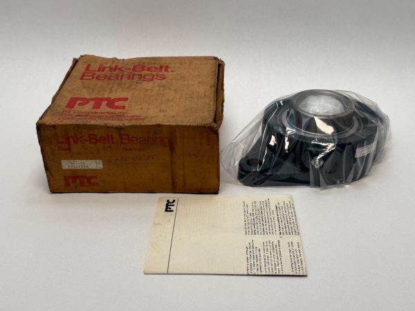 Two-bolt flange ball bearing in plastic wrap next to its Link-Belt Bearings cardboard box and instruction sheet