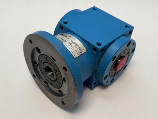 Unimec MRC-86 blue right angle bevel gearbox with two output flanges and manufacturer label