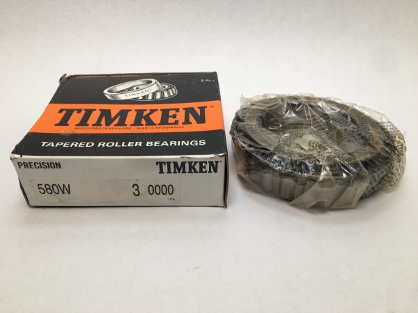 Timken 580W-3 tapered roller bearing cone, plastic-wrapped, beside its Timken precision box