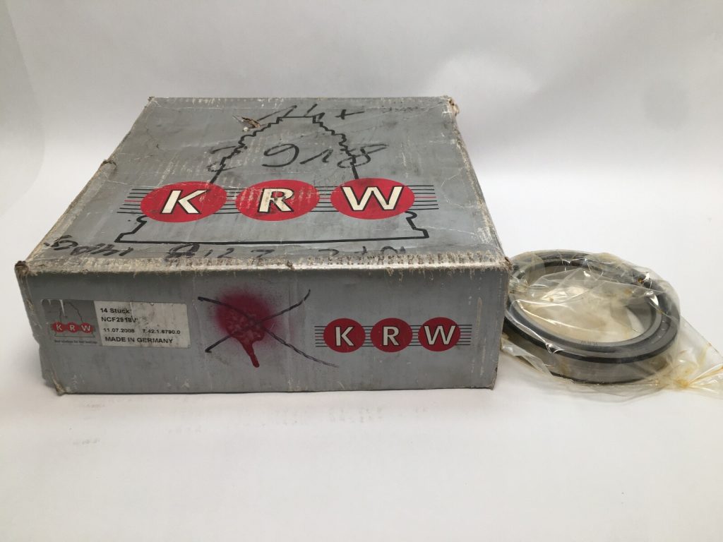 KRW NCF2918V cylindrical roller bearing in plastic wrap beside its original labeled box