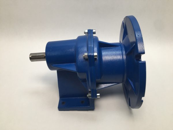 Blue Motovario HA41 helical inline gear reducer with round input flange and keyed output shaft