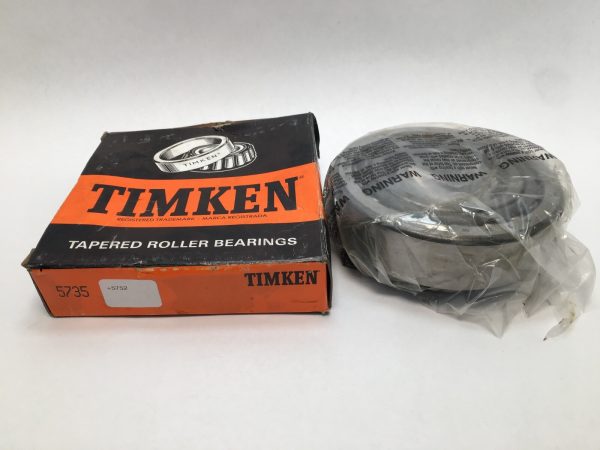 Timken 5752/5735 tapered roller bearing set, shrink-wrapped, next to its Timken box