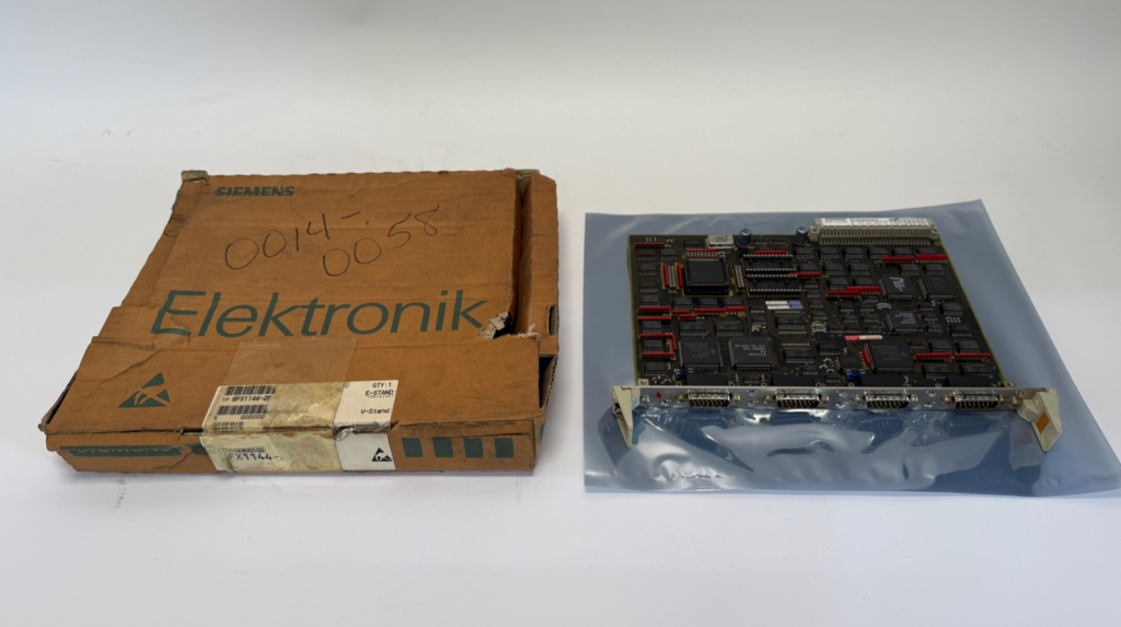 Siemens 6FX1144-2BA00 CNC interface module circuit board in anti-static bag beside original Elektronik box