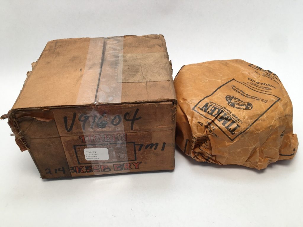 Timken 52393-3/52637D-3 tapered roller bearing assembly in original cardboard box and wrapped paper packaging