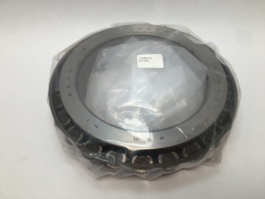 Timken 81593 tapered roller bearing single cone, wrapped in plastic with a label marked Timken 81593