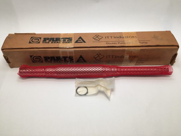 ITT Goulds Pump Shaft Assembly with snap ring, in red mesh sleeve beside original ITT Industries parts box