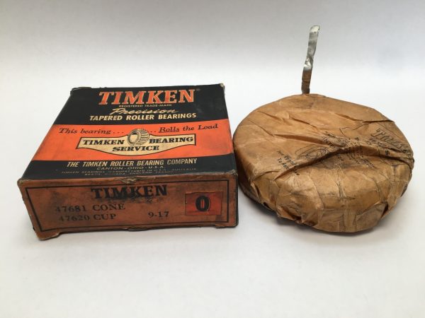 Timken 47681 cone and 47620 cup tapered roller bearing set in original box, next to wrapped bearing