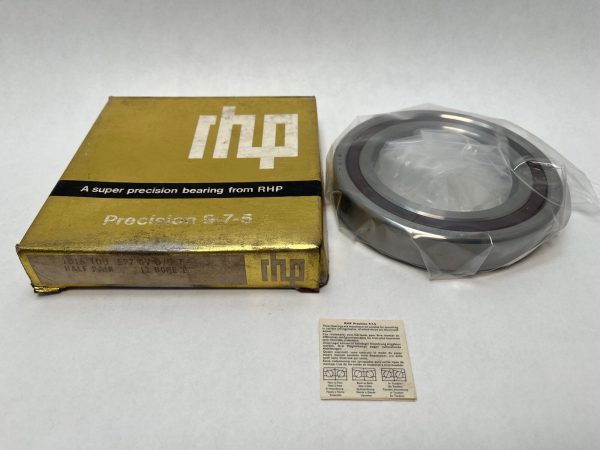 RHP super-precision angular contact ball bearing, half pair, shown next to its original gold box