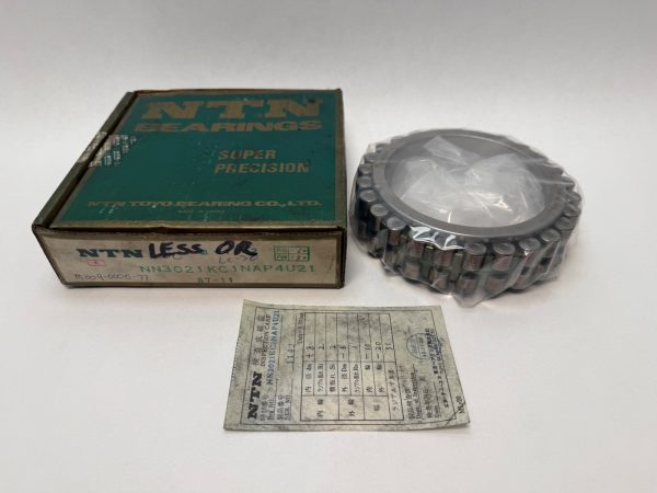 NTN NN3021KC1NAP4 double-row cylindrical roller bearing inner ring and roller set, shrink-wrapped, beside its original NTN bo