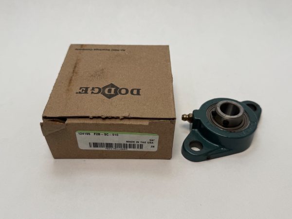 Dodge 124199 two bolt flange ball bearing unit, 5/8" bore, cast iron, next to its original box
